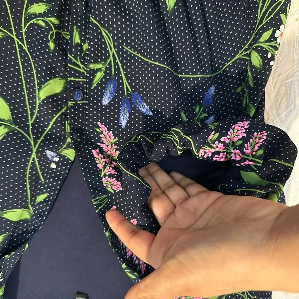✨Kensie Women's Sz 6 Navy Floral Pocketed Flounce Pouf Sleeve Casual Shirt Dress - Picture 6 of 8